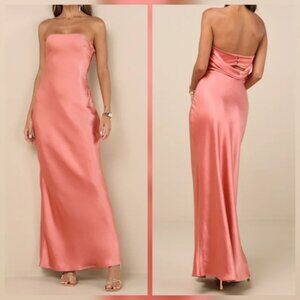 Lulus Elliette Peach Pink Satin Strapless Cowl Back Maxi Dress, Size Medium